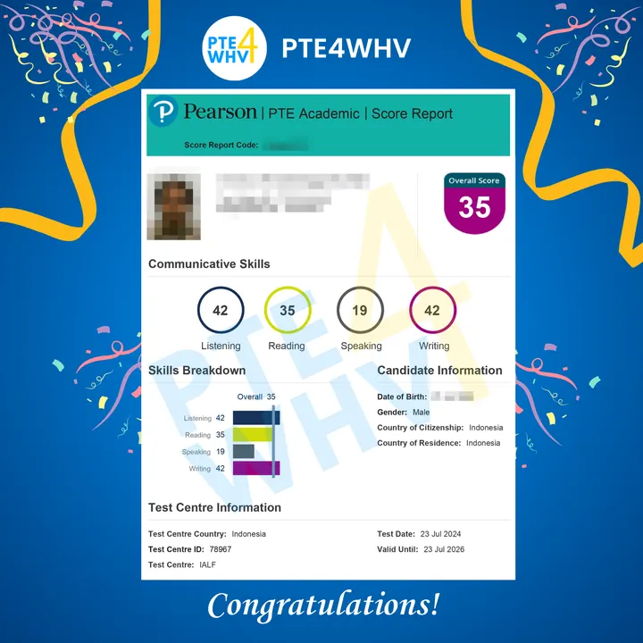 Laporan skor PTE Academic peserta, overall 35